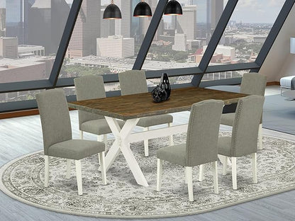 East West Furniture X077EN206-7 7 Piece Modern Dining Table Set Consist of a Rectangle Wooden Table with X-Legs and 6 Dark Shitake Linen Fabric Upholstered Chairs, 40x72 Inch, Multi-Color