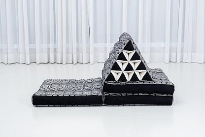 Leewadee - Comfortable Japanese Floor Mattress - Thai Floor Bed with Triangle Cushion - Futon Mattress - Thai Massage Mat, 67 x 21 inches, Black White, Kapok Filling