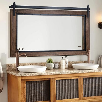 YOSHOOT Farmhouse Barn Door Mirror, 48"x30" Rustic Bathroom Mirror, Wood Frame Wall Mirror, Wooden Mirror for Living Room Bedroom Entryway Wall Décor, Horizontal Hanging ONLY