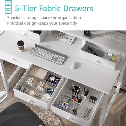 Lufeiya White Computer Desk with Fabric Drawers for Home Office, 40 inch Vanity Makeup Desk with Drawers Storage for Bedroom, Writing Study Table with Power Outlet & Monitor Stand, White