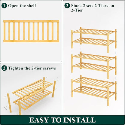 Smiry Shoe Rack, 6 Tier Thick Bamboo Shoe Organizer, Stackable Free Standing Wooden Shoe Storage Shelf for Closet, Entryway, Front Door Entrance, Natural