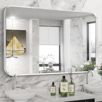 Brushed Nickel Bathroom Wall Mirror, Silver Metal Framed Large Rounded Corner Rectangle Mirror, Tempered Glass, Shatter Proof, Hangs Horizontally or Vertically (30" x 48", Silver)