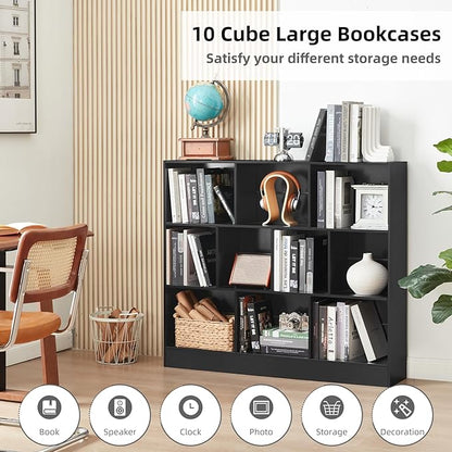 YAHARBO Black Wide Bookshelf,3 Tier Modern Horizontal Bookcase,Wood Low Bookshelves Display Storage Cabinet with Base,Floor Standing 10 Cube Large Bookcases Organizer for Bedroom,Living Room,Office