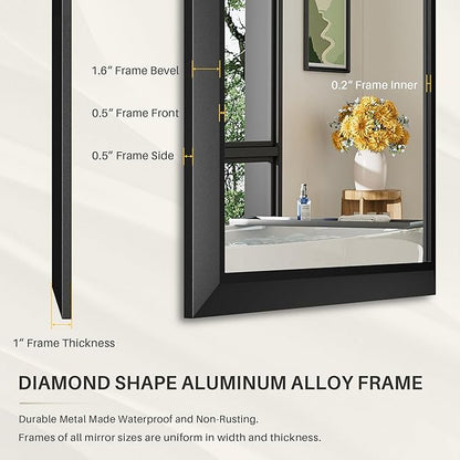 60x40 Inch Black Bathroom Mirror for Wall, Thick Metal Framed Rectangle Mirrors for Over Sink, Bedroom, Living Room, Entryway, Anti-Rust, HD Tempered Glass