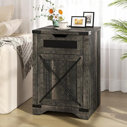 Farmhouse End Table with Charging Station, 26.4" Tall Rustic Nightstand with Drawer and X Barn Door, Country Bedside Sofa Side Table for Living Room, Dark Brown