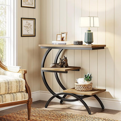 Tribesigns C-Shaped End Table, Industrial 3-Tier Small Side Table for Couch, Wood Bedside Table Snack Side Table with Storage Shelves for Living Room Small Space, Light Brown