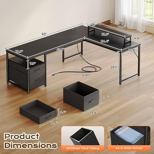 PRAISUN 63 Inch L Shaped Desk with Power Outlets and USB-C Port, Computer Corner Home Office Desk with File Fabric Drawers and Movable Monitor Stand, Larger Storage, Gaming, Writing, Work, Black