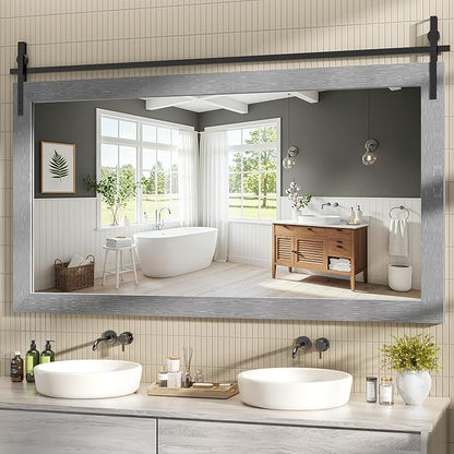 Hasipu Farmhouse Bathroom Mirror, 60"x30" Rustic Wood Framed Wall Mounted Mirror, Gray Vintage Vanity Mirror Barn Door Style Decrative Mirrors