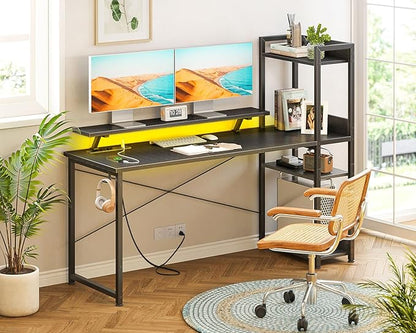 ODK Reversible 55 Inch Gaming Desk with USB Charging Port and LED Lights, Computer Desk with Storage Shelves and Monitor Stand, Study Table for Home Office, Morden Desk for Bedroom, Carbon Fiber Black