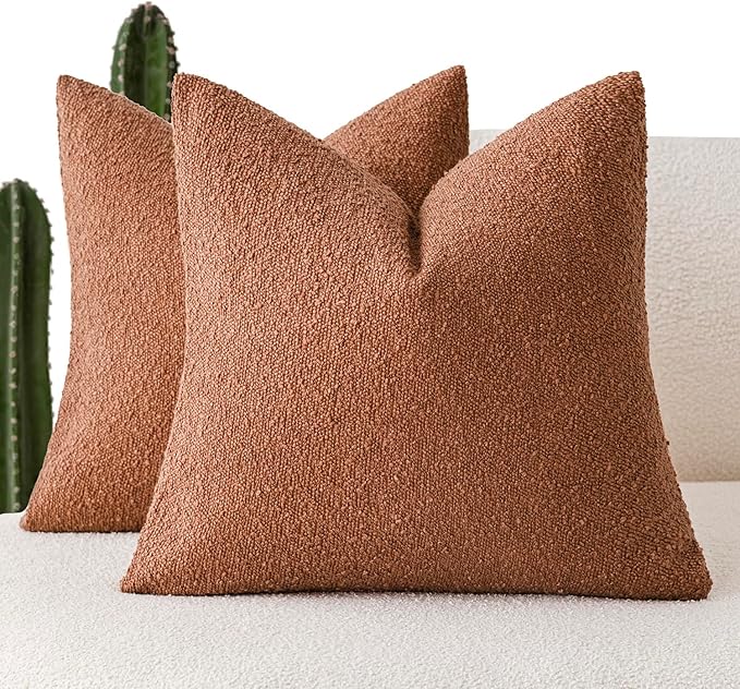 Foindtower Pack of 2 Textured Boucle Throw Pillow Covers Accent Solid Pillow Cases Cozy Soft Decorative Couch Cushion Case for Chair Sofa Bedroom Living Room Home Decor 18x18 Inch Burnt Orange Hazel