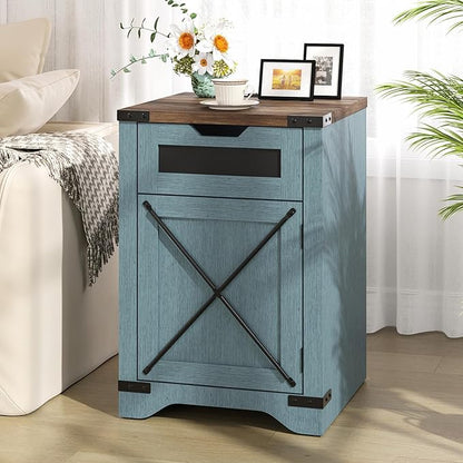 Farmhouse End Table with Charging Station, 26.4" Tall Rustic Nightstand with Drawer and X Barn Door, Country Bedside Sofa Side Table for Living Room, Blue