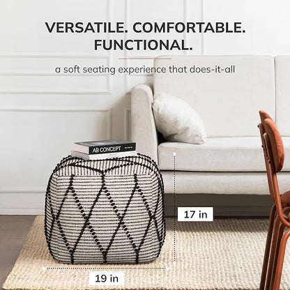 Anji Mountain 100% Handmade & Handcrafted Comfortable Home Décor Pouf Ottoman Footrest for Living Room, Bedroom, Nursery, Kidsroom, Patio Furniture - (19" x 19" x 17"- Black,White)