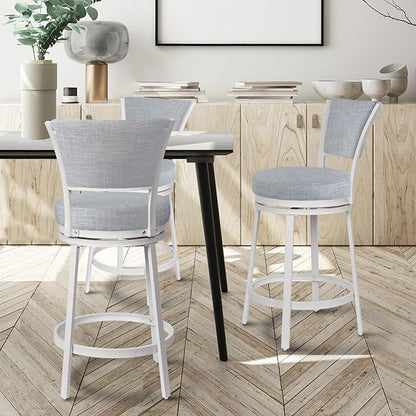 Bar Stools Set of 2, 25 Inch Metal Counter Height Bar Chairs, Modern Linen Fabric 360° Round Swivel Barstools with Back, Counter Stools for Kitchen Island, Pub, Grey & White