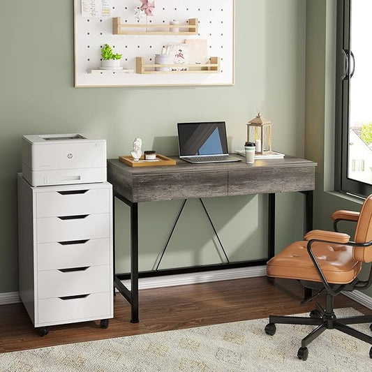 CAIYUN 40Inch Small Desk with 2 Wooden Drawers,Vanity Desks for Home Office with Storage, Simple Computer Desk for Small Space,Desk for Bedroom, Modern Writing Work Kids Study Desk Table, Grey Oak