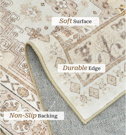 zesthome 3x5 Rug Ultra Soft Washable Rug, Non Slip Area Rug Indoor Entrance, Stain Resistant Rugs for Living Room Bedroom, Vintage Home Decor Area Rugs (Cream/Beige,3'x5')
