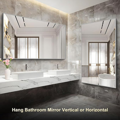 36x60inch Brushed Nickel Bathroom Mirror, Silver Rectangle Mirror with Frame, Large Rectangular Wall Mirrors for Bathroom, Living Roomm, Hair Salon, Big Mirror Hang Horizontal/Vertical