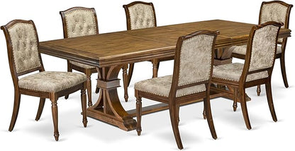 NEMA7-AWA-36 7 Pieces Dining Room Set Includes a Rectangular Dining Table and 6 Light Beige Polyester Fabric Kitchen Chairs, Antique Walnut Finish