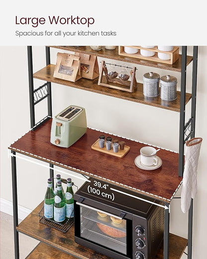 VASAGLE Coffee Bar, 39.4 Inches Baker's Rack for Kitchen with Storage, 6-Tier Kitchen Shelves with 6 Hooks, Microwave Stand, Industrial, Rustic Brown and Black UKKS039K01