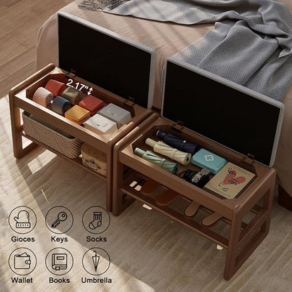 Small Shoe Bench with Cushion,2 Tiers Shoe Rack Bench with Flip-Top Storage,Wood Shoe Rack for Entryway（Walnut,23.62"）
