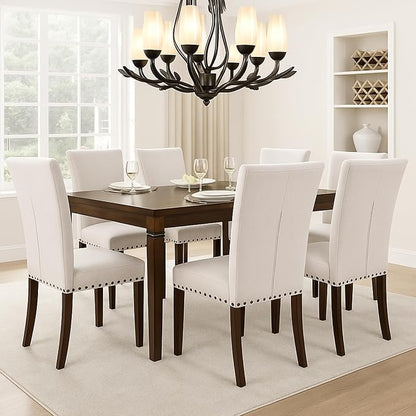 Set of 6 Beige Upholstered Dining Chairs, Farmhouse Kitchen Chairs with High Back, Solid Rubberwood Legs, Comfortable Padded Foam Seat, Bronze Nailhead Trim, Dining Room Chairs for Large Families