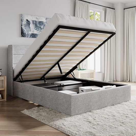 SHA CERLIN Full Size Lift Up Storage Bed/Modern Wingback Headboard/Upholstered Platform Bed Frame/Hydraulic Storage/No Box Spring Needed/Wood Slats Support/Light Grey
