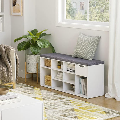 DINZI LVJ Shoe Bench, Entryway Storage Bench with Drawer and 11 Cubbies, Cubby Shoe Rack with Adjustable Shelves, Shoe Organizer Cabinet for Living Room, Bedroom, Mudroom, Closet and Garage, White