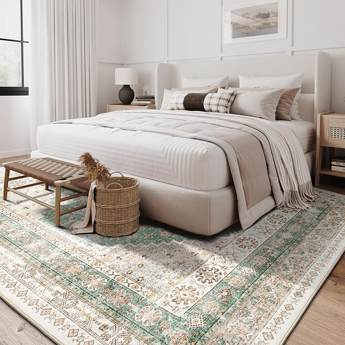 zesthome 8x10 Area Rugs for Living Room,Non-Slip Backing Washable Rugs,Vintage Large Area Rug，Stain Resistant Home Decor Rug (Green/Brown,8'x10')