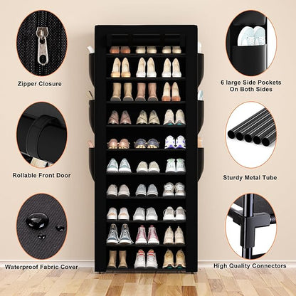 Large Shoe Rack, Black, 6 Side Pockets, 23.6" Wide x 11.4" Deep x 68.9" Tall, 36-41 Pairs of Shoes