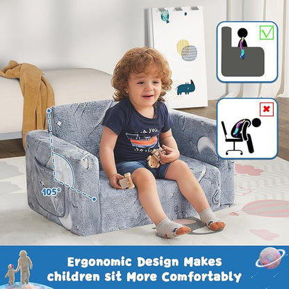 Toddler Chair Comfy,2-in-1 Soft Toddler Couch Fold Out for Kids,Convertible Sofa to Lounger,Gift for Girls and Boys Birthday,Space,Medium