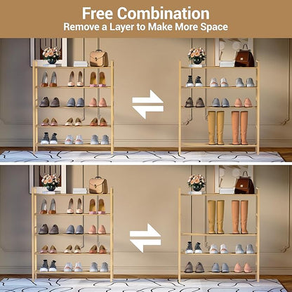Haddockway Bamboo Shoe Rack for Closet, Free Standing Shoe Organizer with Smooth Round Rods & Convenient Handles, Stackable Shoe Storage Shelf for Entryway, Hallway(Natural, 5-Tier)