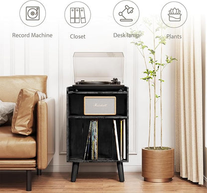 Record Player Stand, Turntable Stand with Record Storage and Charging Station & USB Ports, Record Player Table with Metal Divider, Record Stand Up to 120 Albums for Living Room, Bedroom Black