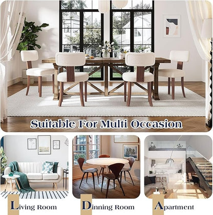 Farmhouse Chair Set of 2, Mid Century Modern Dining Chairs, Sherpa Upholstered Kitchen Chairs with Curved Backrest & Adjustable Legs for Living Room/Bedroom, Easy to Install, White Sherpa