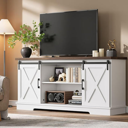 CABIHOME Farmhouse Tv Stand for 65 Inches TVs, Entertainment Center with Storage and Sliding Barn Doors, Adjustable Shelf Modern Media TV Console TV Stand Table for Living Room, Bedroom, White