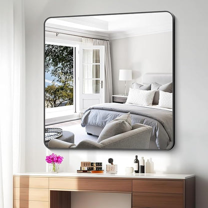 BONEWEI 48x48 inch Bathroom Mirror,Black Rectangle Mirror,Wall Mounted Bathroom Frame Vanity Mirror with Round Corner for Bedroom Living Room,Entryway Hangs Horizontal or Vertical