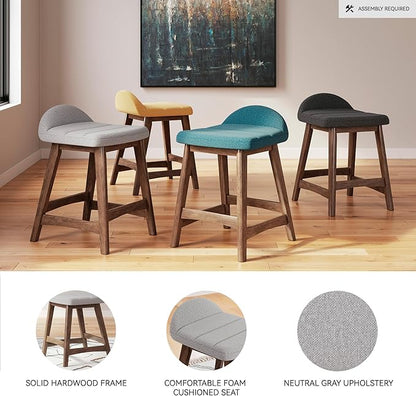 Signature Design by Ashley Lyncott Contemporary 28.5" Counter Height Upholstered Bar Stool with Foam Cushion, 2 Count, Light Gray & Brown