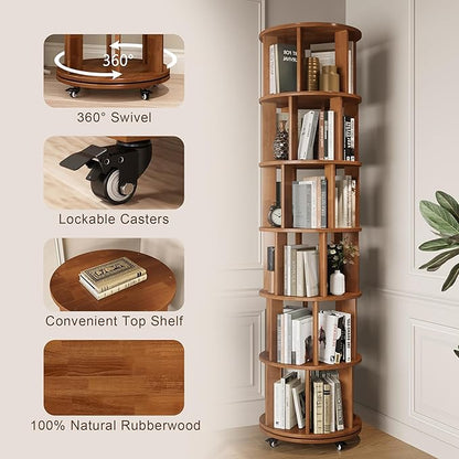 6 Tier Bookshelf Tower, 360° Solid Wood Spinning Bookcase with Swivel Wheels, Floor Standing Book Shelf for Small Space, Bookshelf for Home Office Study Room Bedroom Living Room