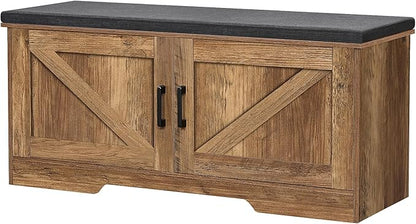 2-Tier Storage Bench, Shoe Bench with Padded Seat Cushion, Entryway Bench with 2 Barn Doors, Adjustable Shelf, 13.8" D x 39.4" W x 17.7" H, for Entryway, Living Room, Bedroom, Rustic Walnut
