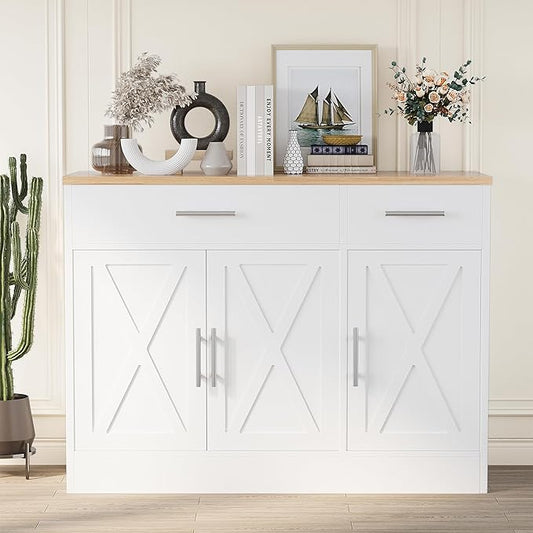 Shintenchi Modern Farmhouse Sideboard Buffet Cabinet with Storage with 3 Doors,42" Barn Doors Buffet Cabinet with Storage, Wood Coffee Bar Cabinet with Adjustable Shelf for Kitchen Living Room,White