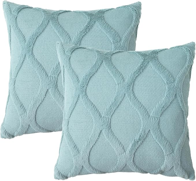 decorUhome Throw Pillow Covers 22x22 Inch Set of 2, Soft Plush Faux Fur Wool Aqua Couch Pillow Covers, Decorative Neutral Pillow Cases for Bed Sofa Living Room Home Decor