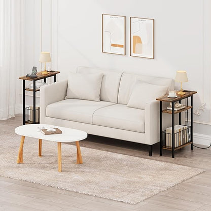 Vagusicc Narrow Side Table with Charging Station, 3-Tier Skinny Side End Table for Couch Sofa, Small End Side Tables for Small Spaces, 25.2" Tall Slim Nightstand for Living Room, Bedroom, Rustic Brown