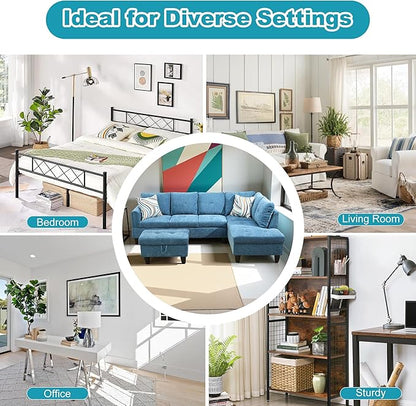 Couches for Living Room Modern L Shaped Couch Comfy Flannel Fabric 3 Pieces Sectional Sofa with Chaise, Ottoman with Storage for Office and Small Apartment, Blue