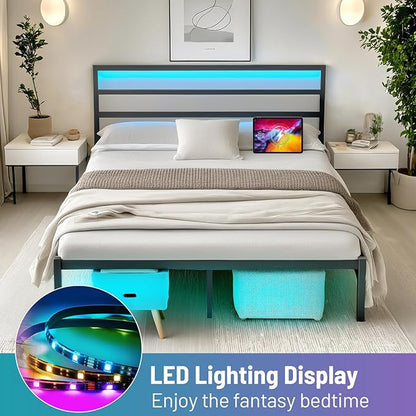 Queen Bed Frame with Headboard,Heavy Duty Steel Slats Support-LED Bed Frame with USB Charging Station,Mattress Foundation-Under Bed Storage,No Box Spring Needed,Noise Free，Black