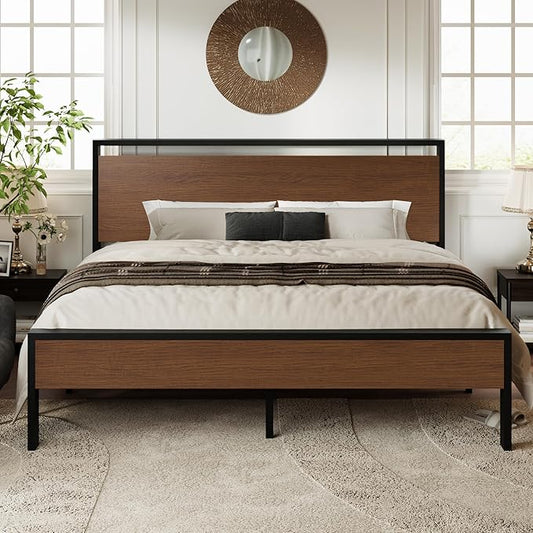 Allewie King Size Platform Bed Frame with Wooden Headboard and Footboard, Heavy Duty 12 Metal Slats Support, No Box Spring Needed, Under-Bed Storage, Noise Free, Easy Assembly, Walnut