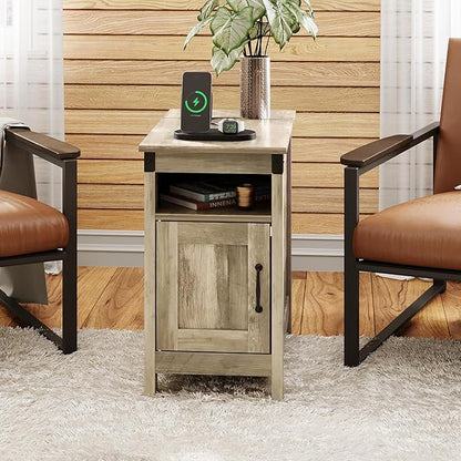 WLIVE Farmhouse End Table Set of 2 with Charging Station, Narrow Side Tables Living Room, Bedroom, Couch with USB Ports and Outlets, Wood Nightstand Sets with Storage, Greige