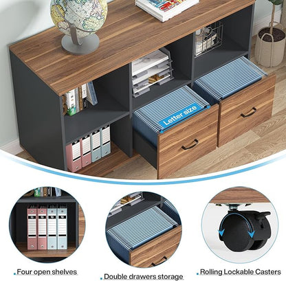 Tribesigns 55-Inch Executive Computer Desk with 43-Inch Lateral File Cabinet, Large Workstation Business Furniture, L Shaped Desk with Drawers and Storage Shelves for Home Office, Walnut