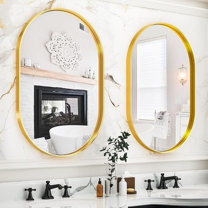 Suidia 22" x 30" Bathroom Mirror, Bathroom Vanity Mirror Metal Framed, Wall-Mounted Mirrors for Bedroom, Living Room, Entryway, Hallway, Gold, Oval Style