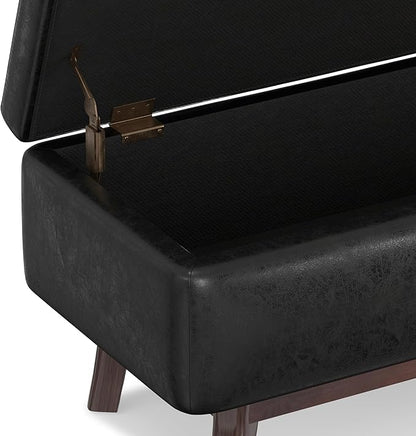 SIMPLIHOME Owen 36 inch Wide Mid Century Modern Small Rectangular Storage Ottoman in Distressed Black Vegan Faux Leather, Assembled, For the Living Room, Entryway and Family Room