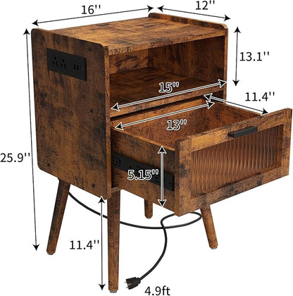SOOWERY Mid Century Modern Nightstand with Charging Station, Bedside Tables with Acrylic Drawer, End Table Side Table with 2 Tiers Storage Space, for Bedroom, Living Room, Brown