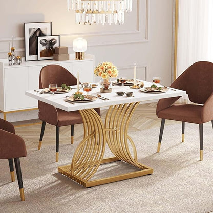 DWVO Modern Dining Table for 4 People 47 Inch Rectangular Kitchen Table with White Tabletop and Gold Geometric Legs Small Dinner Table Kitchen & Dining Room Furniture White & Gold