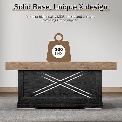 Coffee Table 39 in Rustic Center Table with X-Design Wooden Pedestal for Living Room, Space Saving, Easy Assembly Rectangle Home Office Tea Accent Table for Apartment, Dark Oak Black